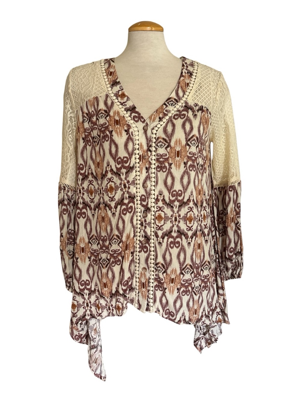 gimmicks by  BKE Boho Oversize Crochet Long Sleeve V-Neck Blouse